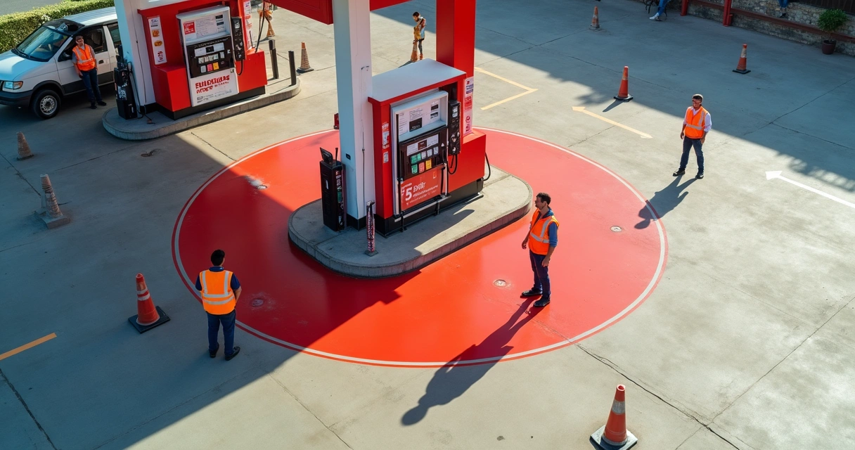 Área demarcada de segurança em posto de combustível, destacando raio de risco nas bombas