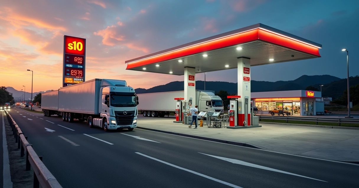 Caminhão abastecendo em posto de combustível seguro na estrada ao entardecer 