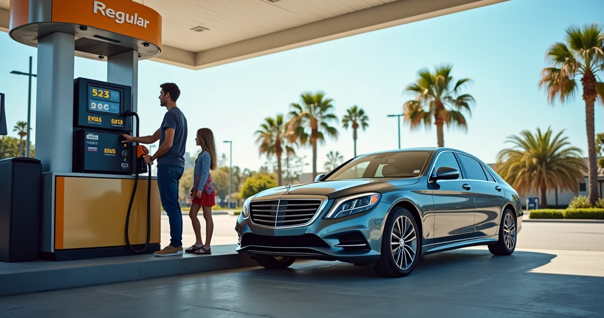 Carro contemporâneo abastecendo em posto de gasolina em Orlando. 