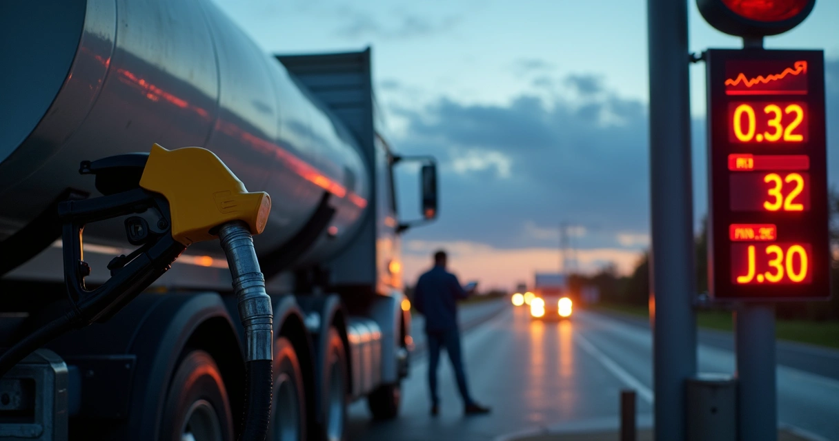 Frentista abastece caminhão em posto enquanto tela exibe gráfico de aumento do diesel 