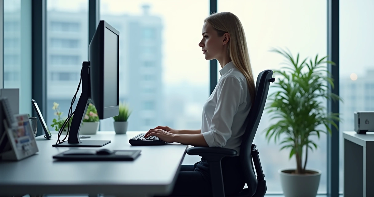 Posto ergonômico com cadeira ajustável e monitor na altura correta 