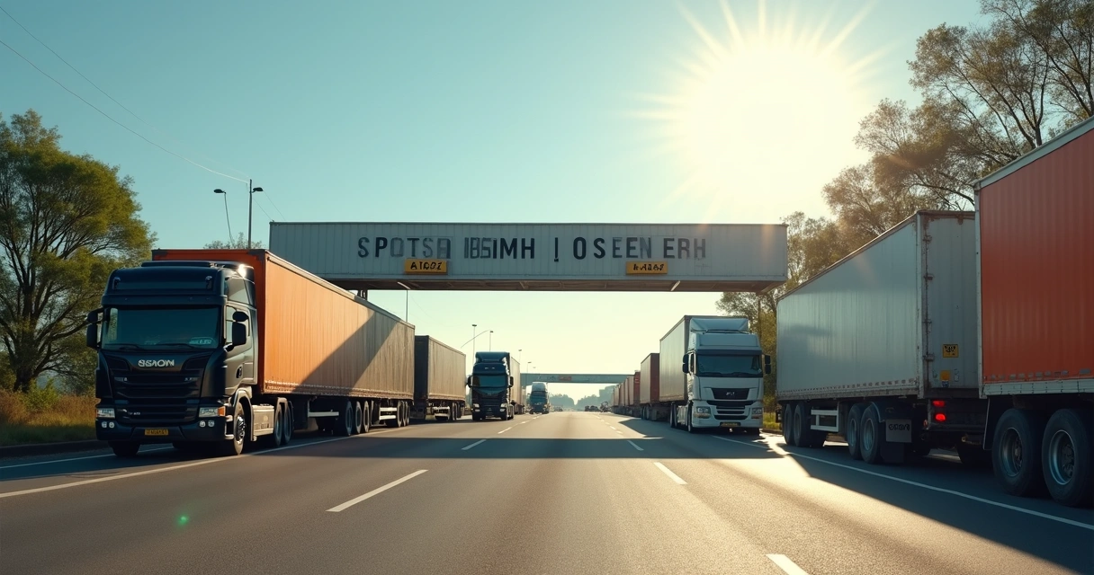 Fachada de posto fiscal na divisa de Minas Gerais, caminhões aguardando fiscalização 