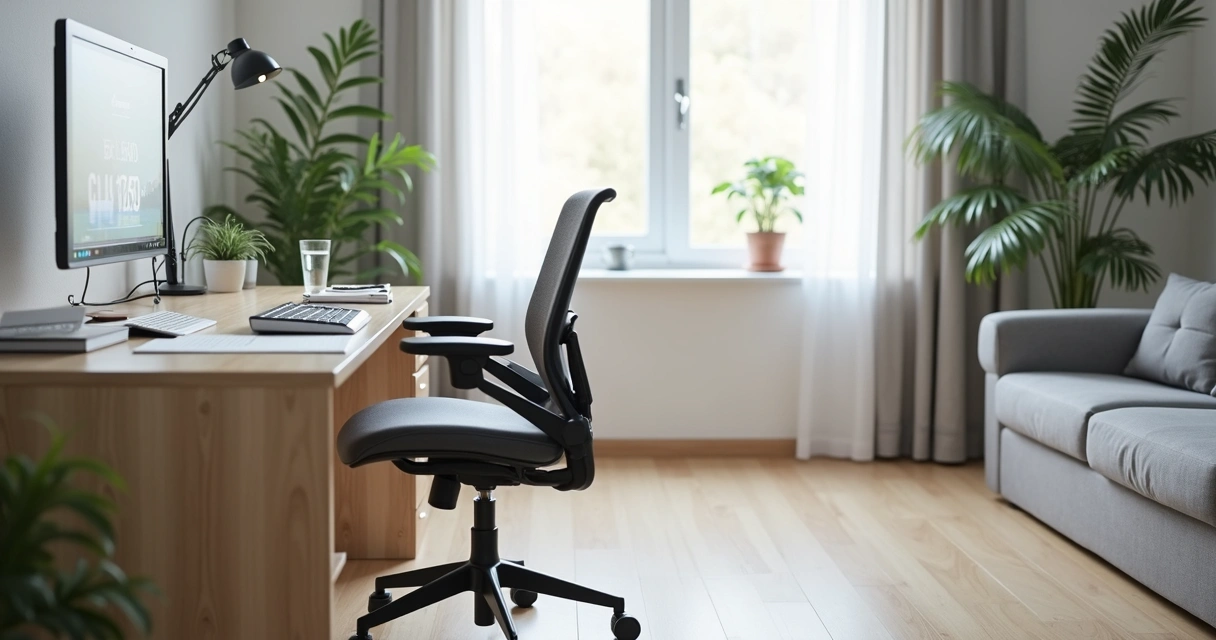 Mesa de home office com notebook e cadeira ergonômica
