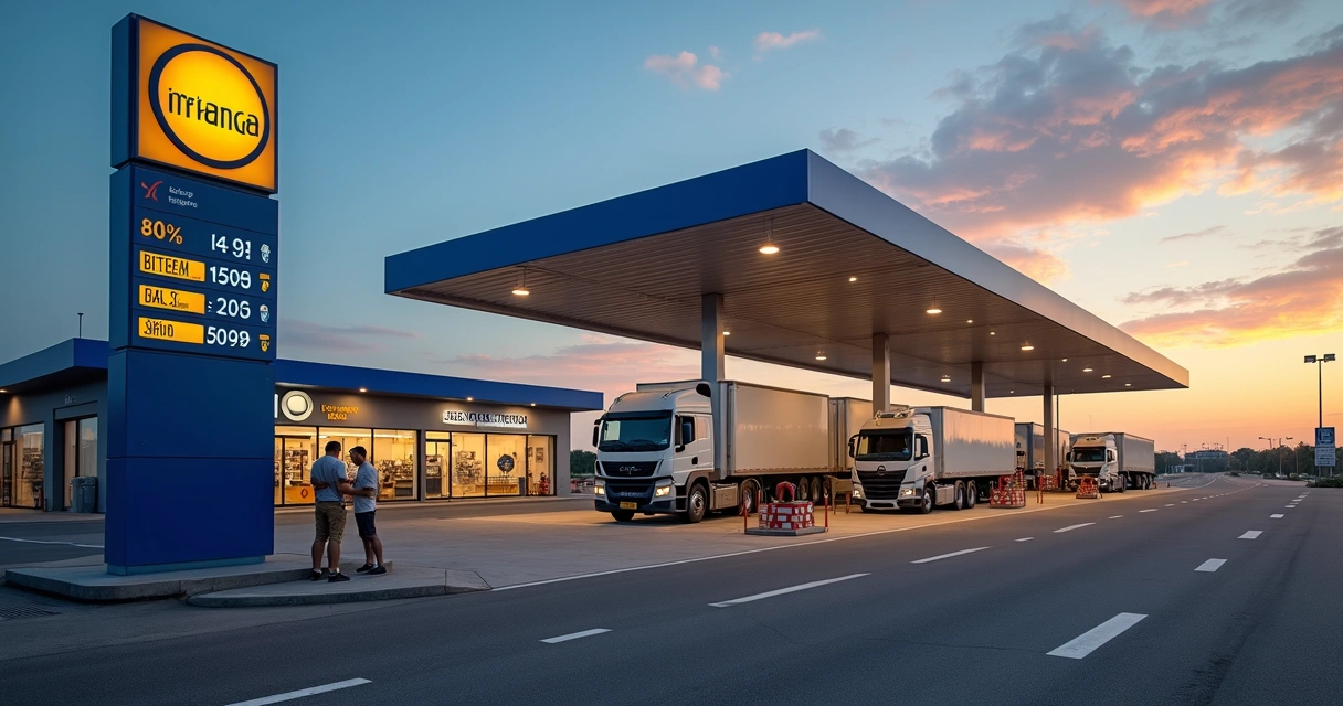 Caminhões estacionados em posto Ipiranga na rodovia ao entardecer 