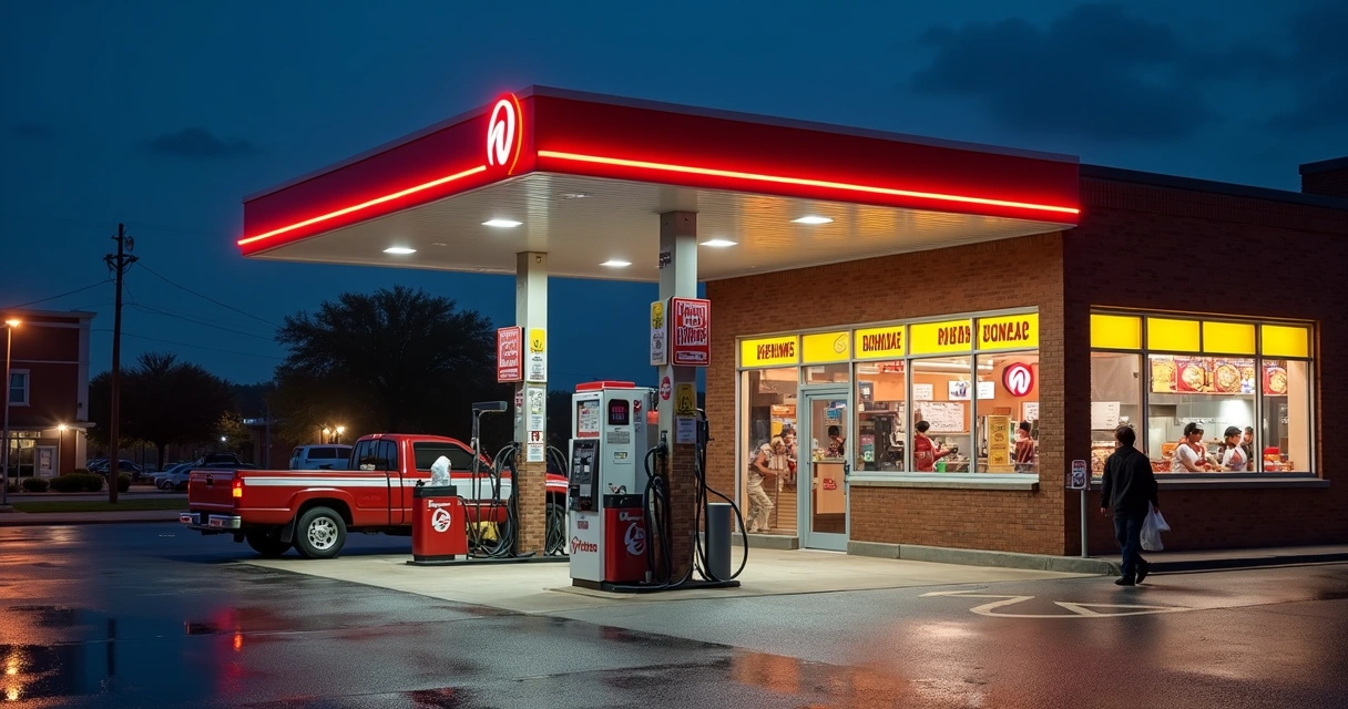 Posto de gasolina com pizzaria Hungry Howie’s integrada em área urbana à noite 