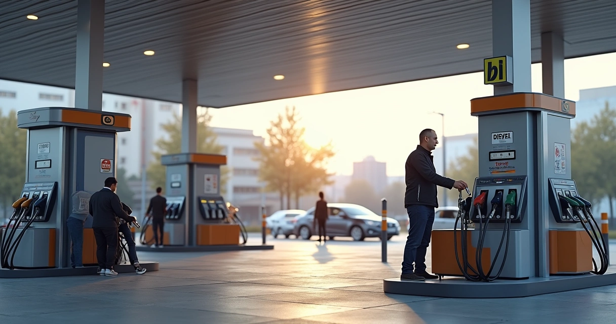 Bombas de combustível em posto de serviço de cidade 