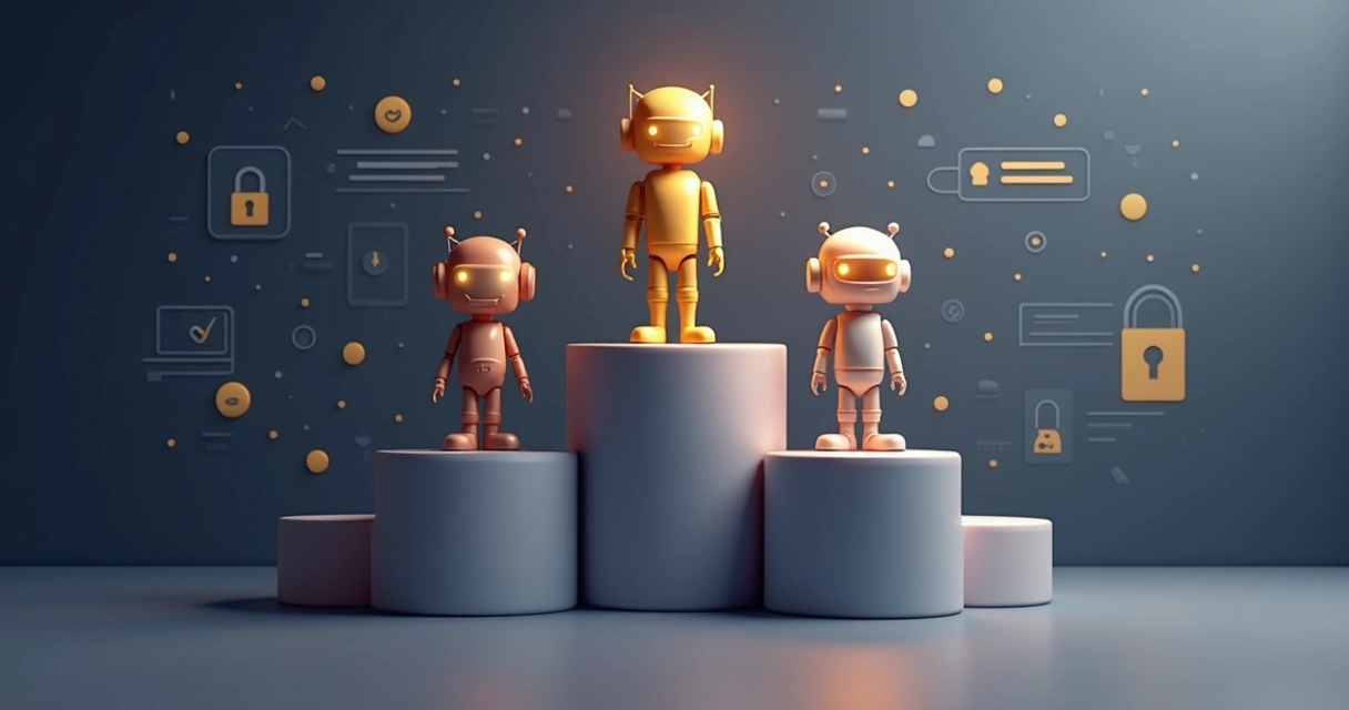 Ranking visual dos quatro chatbots, com Claude em destaque, seguido por Gemini, Copilot e ChatGPT, cada um sobre patamares diferentes, em fundo sóbrio. 