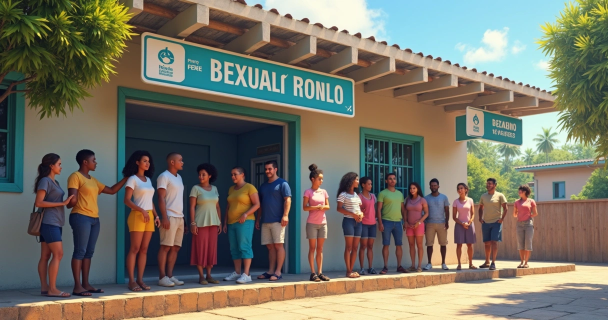 Fila diversa de pessoas em posto de saúde do SUS para atendimento de saúde sexual e realização de exames. 