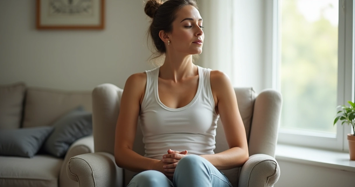 Mulher sentada em postura ereta observando o próprio corpo 