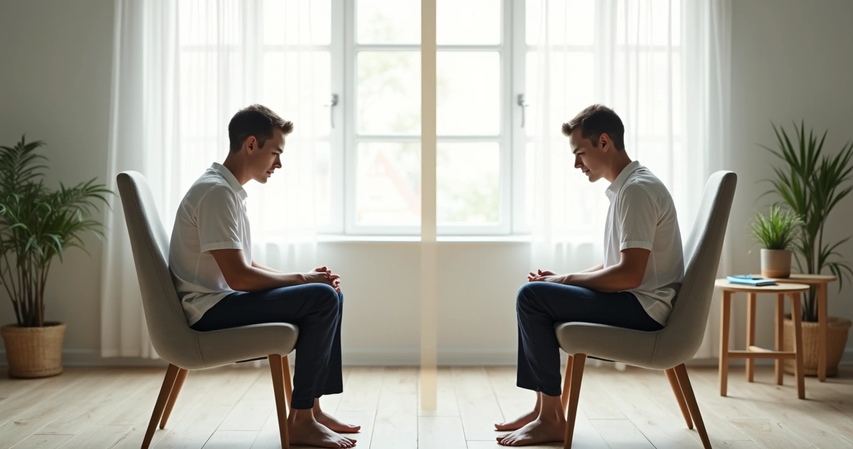 Pessoa sentada em duas posturas contrastantes mostrando impacto emocional da postura corporal 