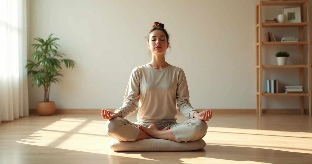 Pessoa sentada em postura ereta de meditação em sala iluminada com ar de tranquilidade 