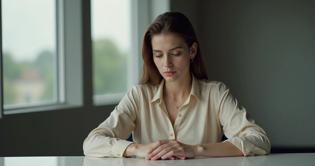 Pessoa sentada com postura retraída, olhar baixo e mãos nas pernas. 