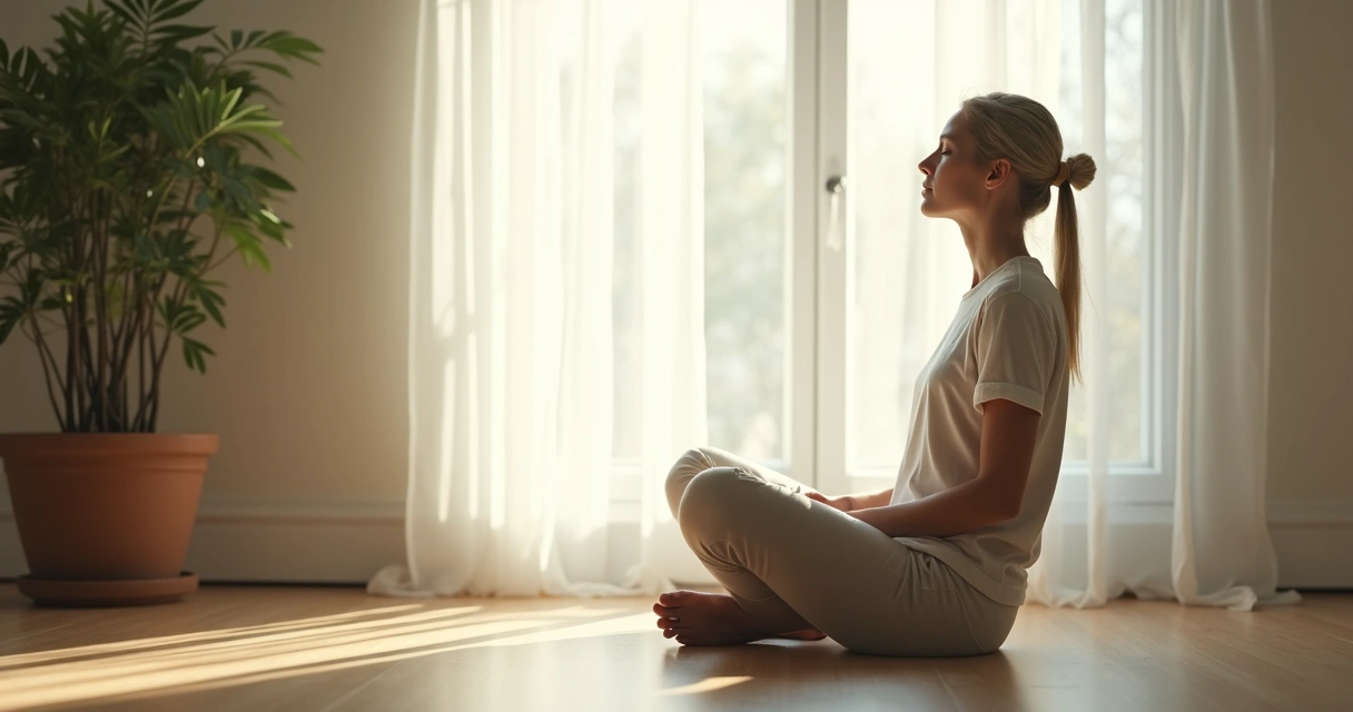 Pessoa sentada com postura ereta e expressão serena 