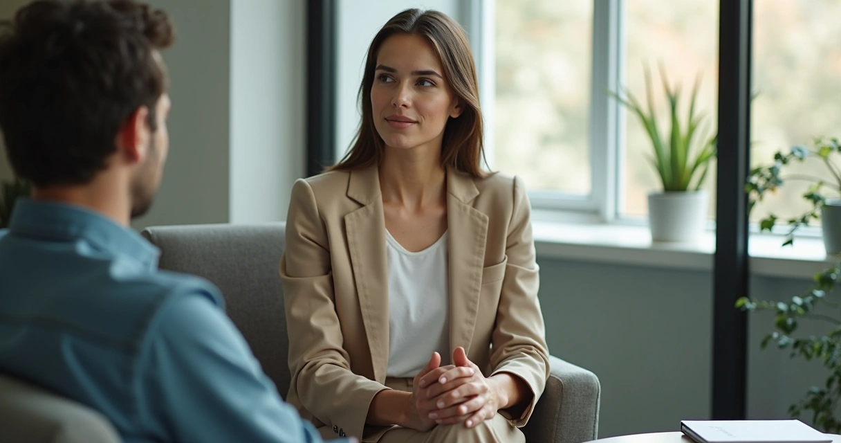 Persona sentada con postura abierta durante una conversación