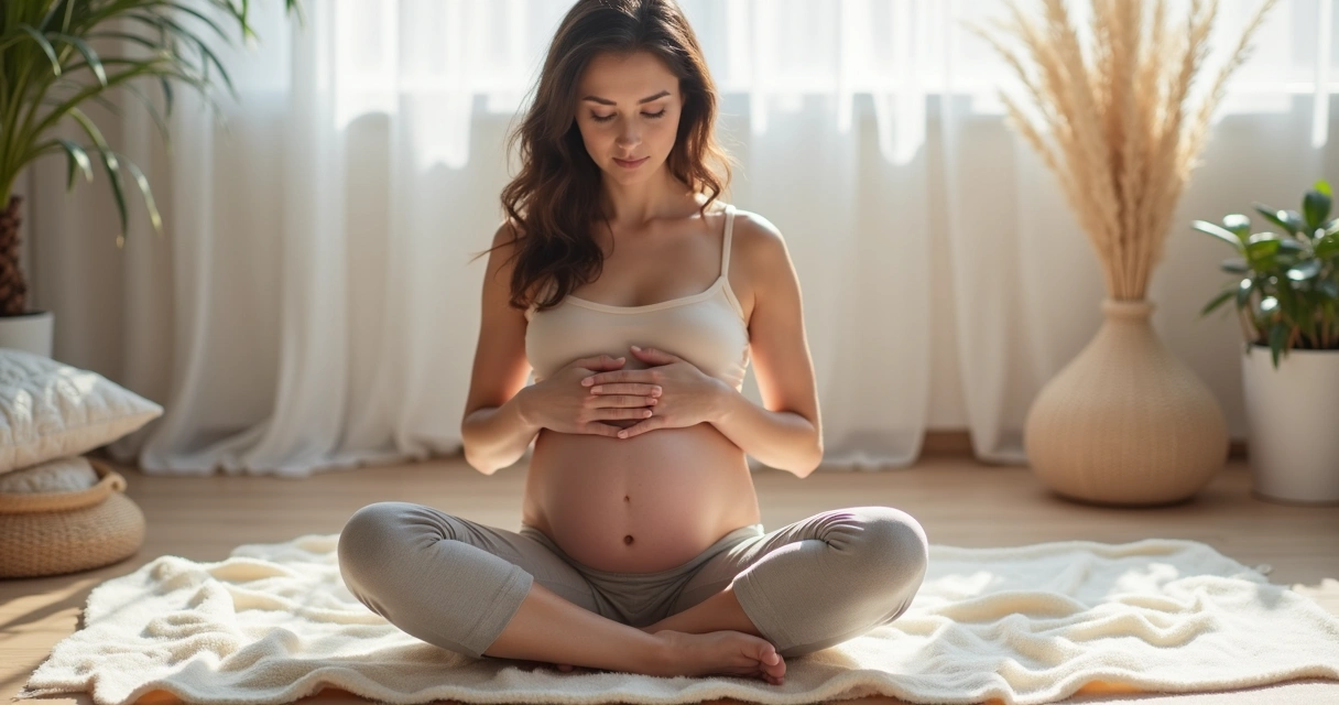 Gestante ajustando postura para exercício de respiração no tapete 
