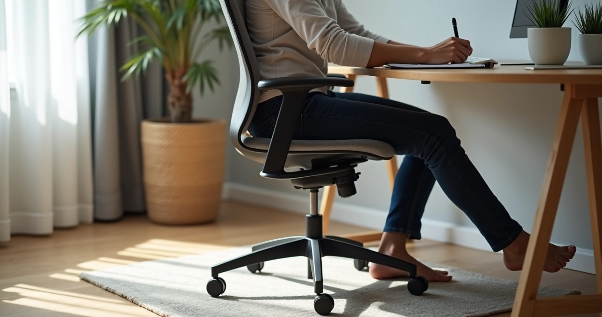 Pessoa sentada corretamente no home office com pés apoiados