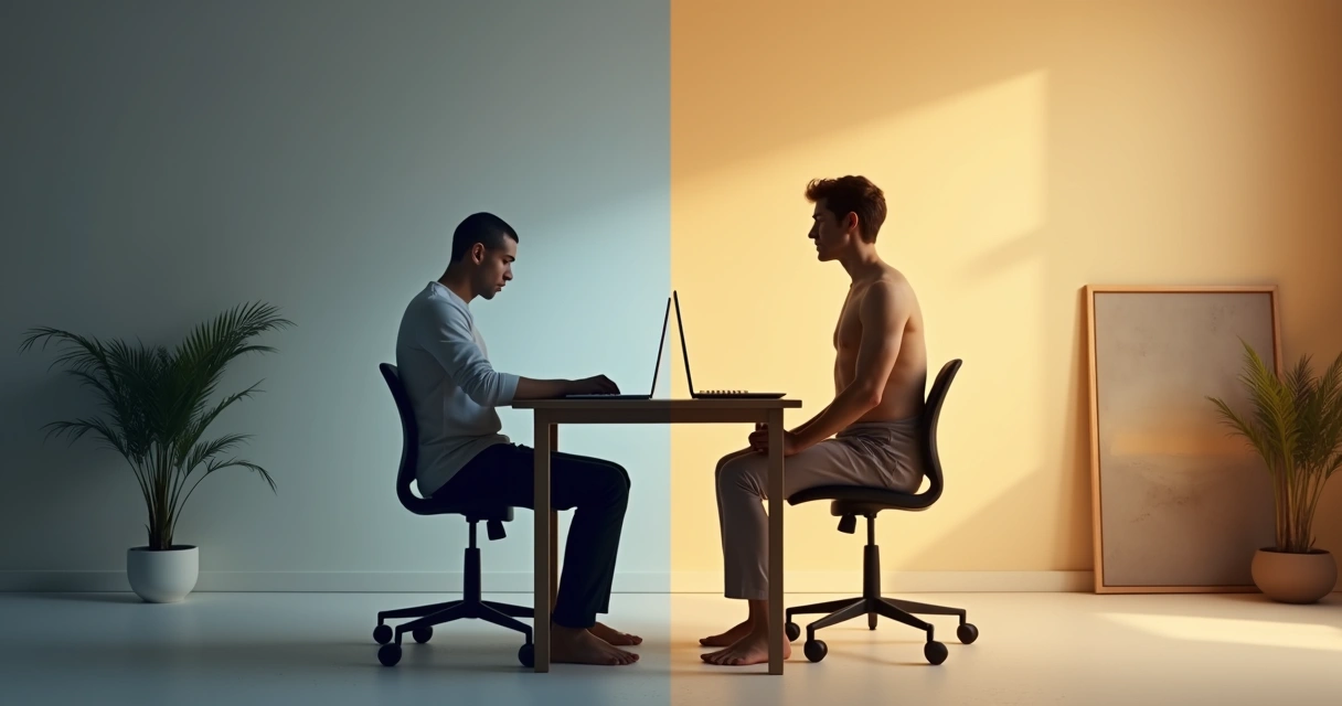 Persona sentada cambiando de postura encorvada a postura erguida y equilibrada 