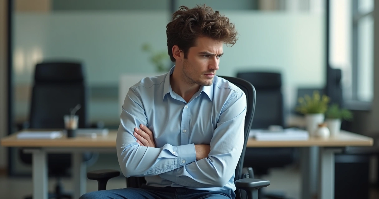 Persona sentada en una oficina con postura tensa y brazos cruzados, mirando hacia un lado.