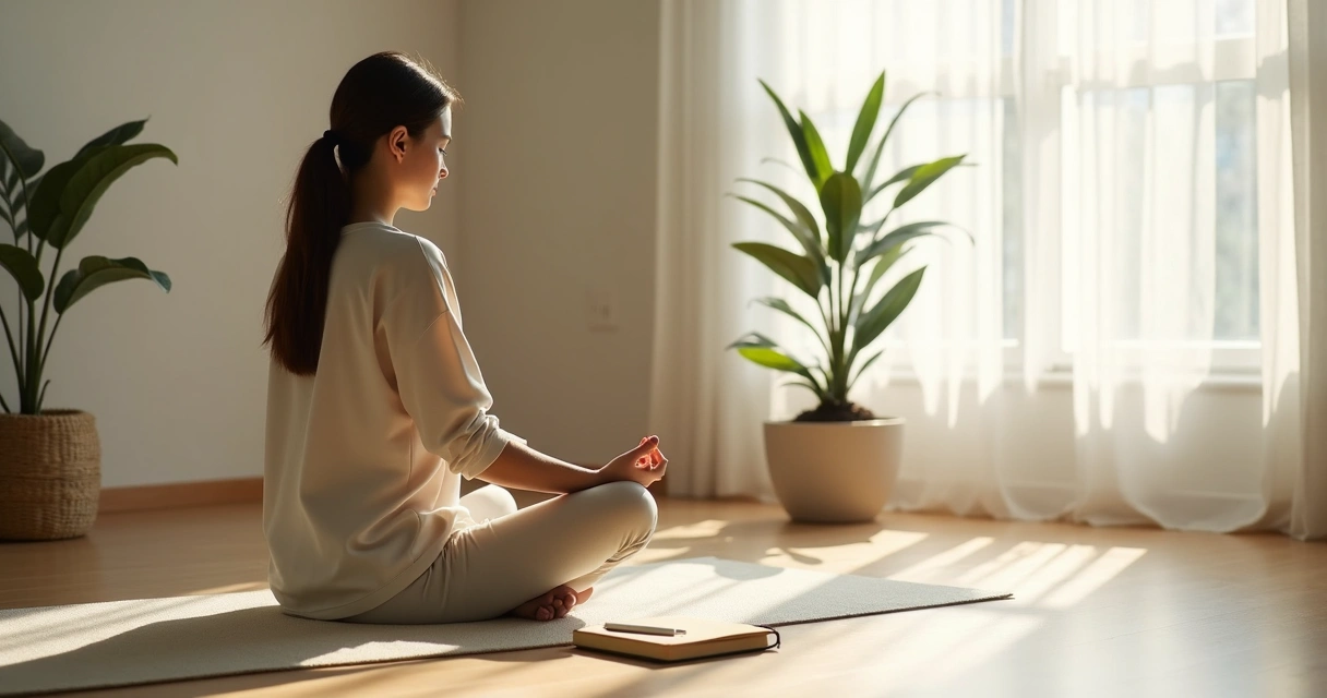 Pessoa sentada em meditação com caderno ao lado 
