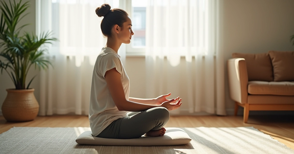 Pessoa sentada meditando em um canto calmo da casa 
