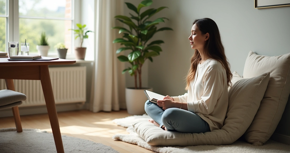 Pessoa sentada em meditação perto de mesa com caderno e luz suave