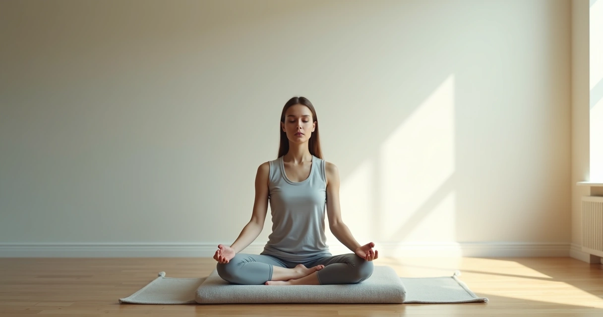 Pessoa sentada em meditação silenciosa em ambiente simples 