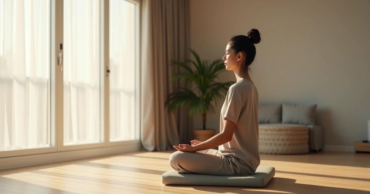 Pessoa sentada em meditação perto de janela com luz suave 