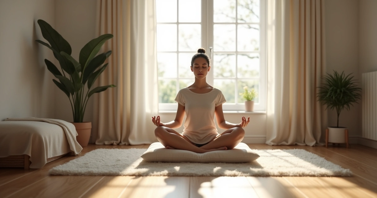 Persona sentada en meditación en un rincón tranquilo de casa