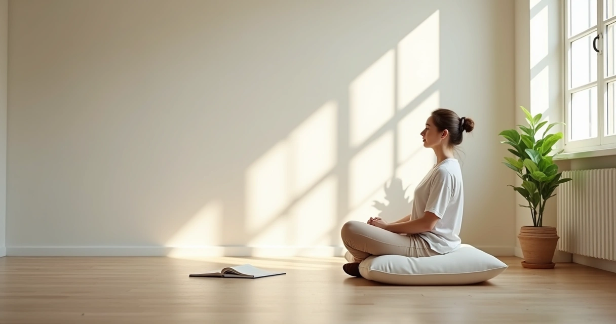 Persona sentada en meditación en una sala luminosa con ambiente sereno 
