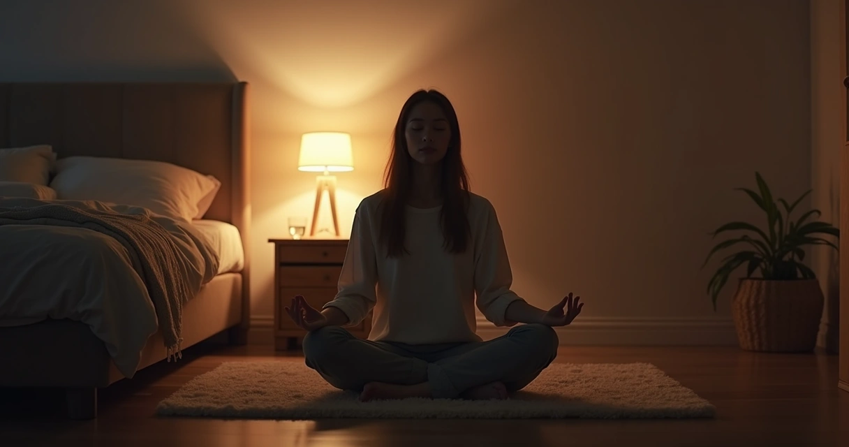 Persona sentada en meditación con luz tenue junto a la cama