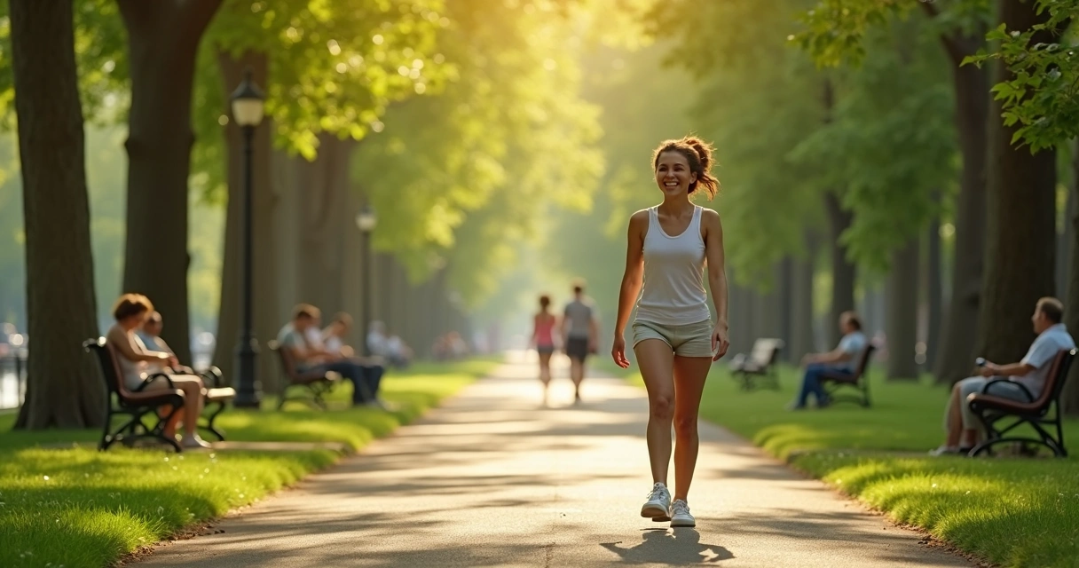 Pessoa caminhando em parque com postura ereta e confiante 