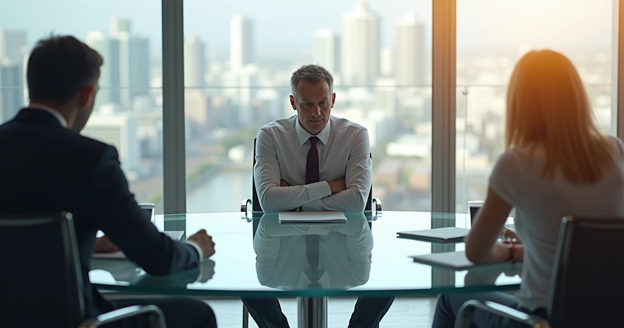 Pessoa sentada em uma sala de reunião com postura fechada 