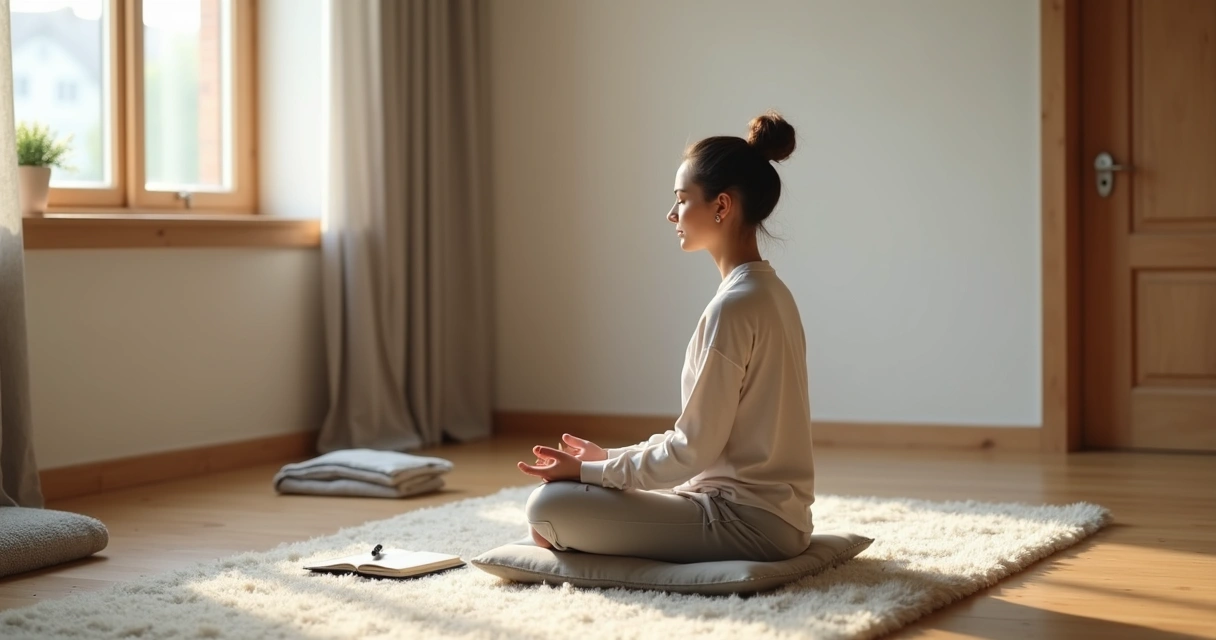 Pessoa sentada em meditação em sala simples e silenciosa