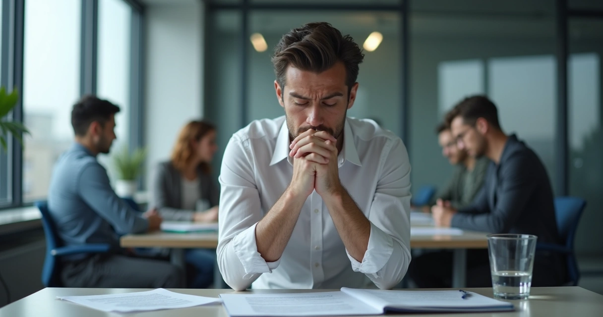 Pessoa com postura tensa em reunião de trabalho 