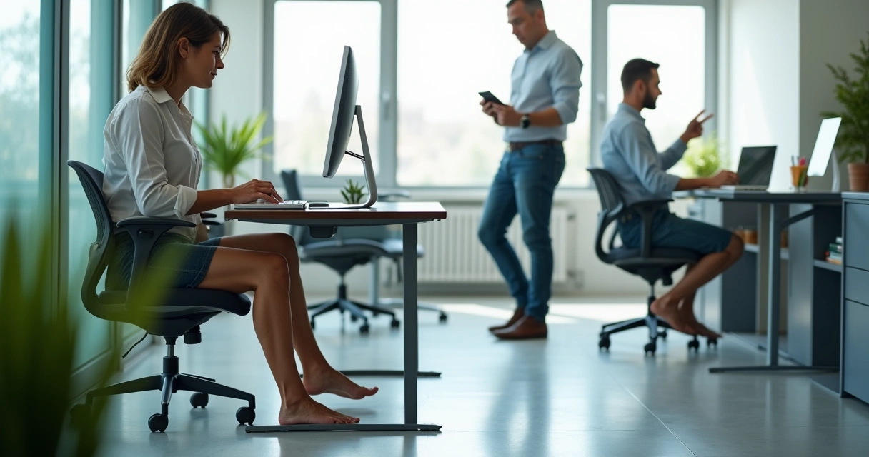 Mulher em escritório sentada e homem em pé mostrando pernas cansadas com veias aparentes 