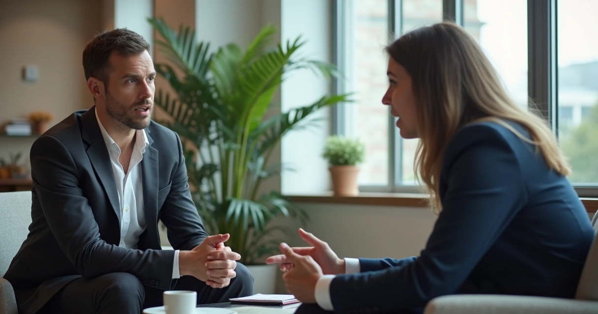 Persona en conversación mostrando postura tensa y expresión contenida 