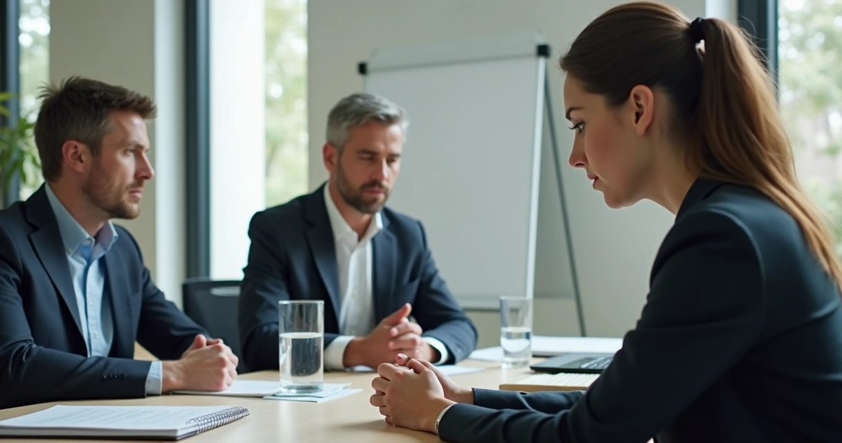 Persona en reunión con postura tensa y mirada baja