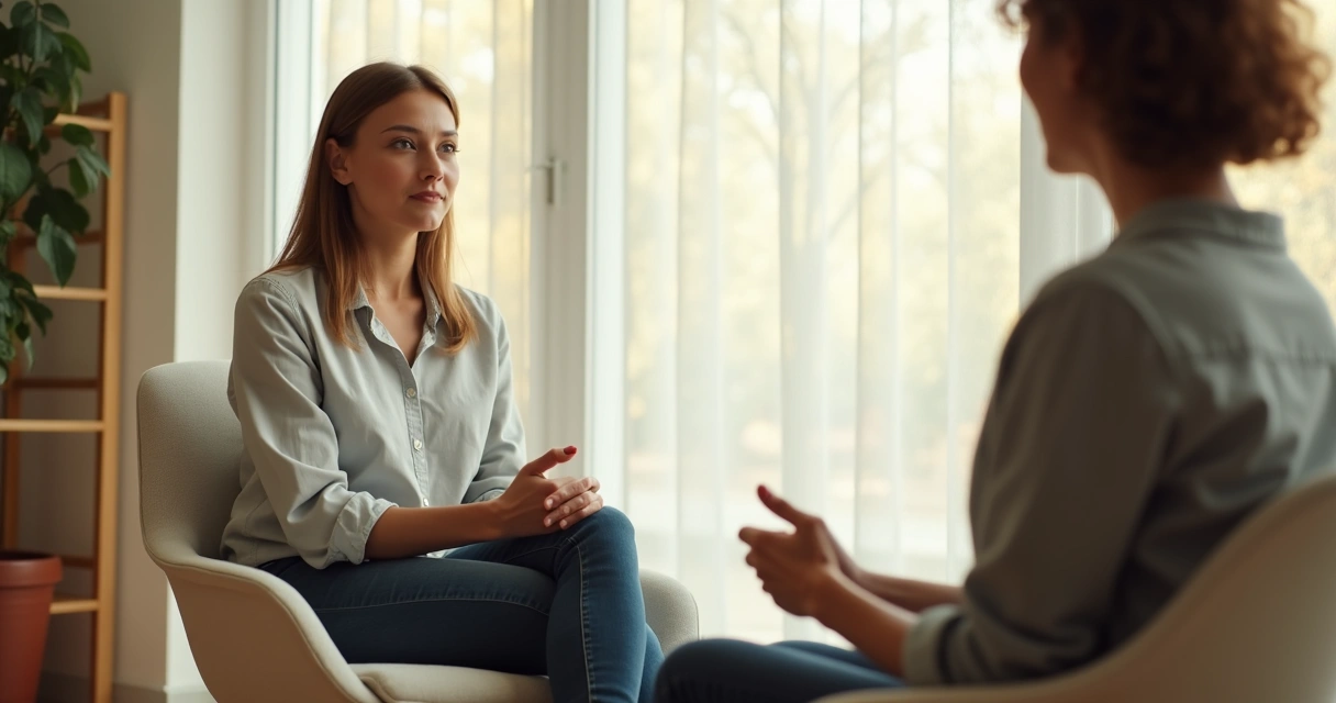 Persona sentada con postura abierta y mirada atenta en una conversación