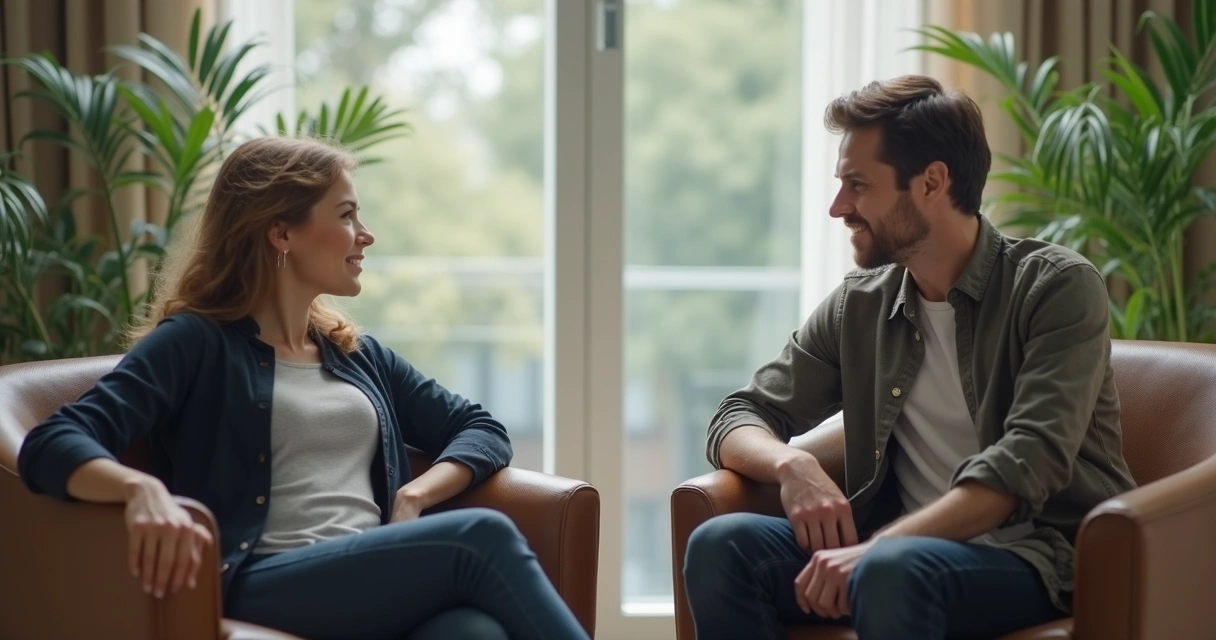 Duas pessoas conversando sentadas frente a frente, ambas mantêm postura aberta e contato visual. 
