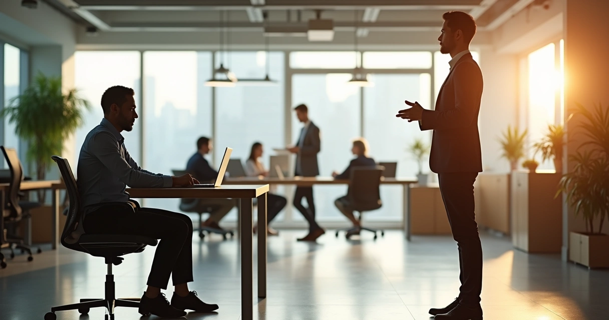 Dois profissionais em posturas corporais opostas em escritório moderno aberto 