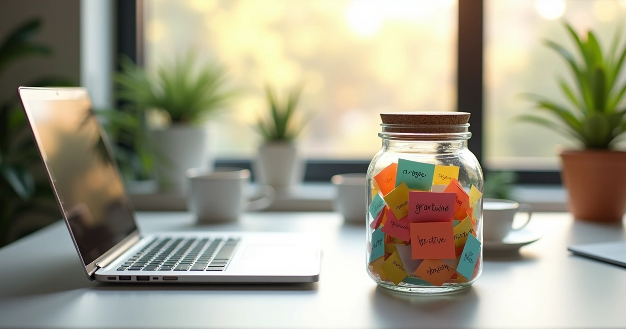 Pote de vidro com anotações de gratidão em mesa de trabalho 