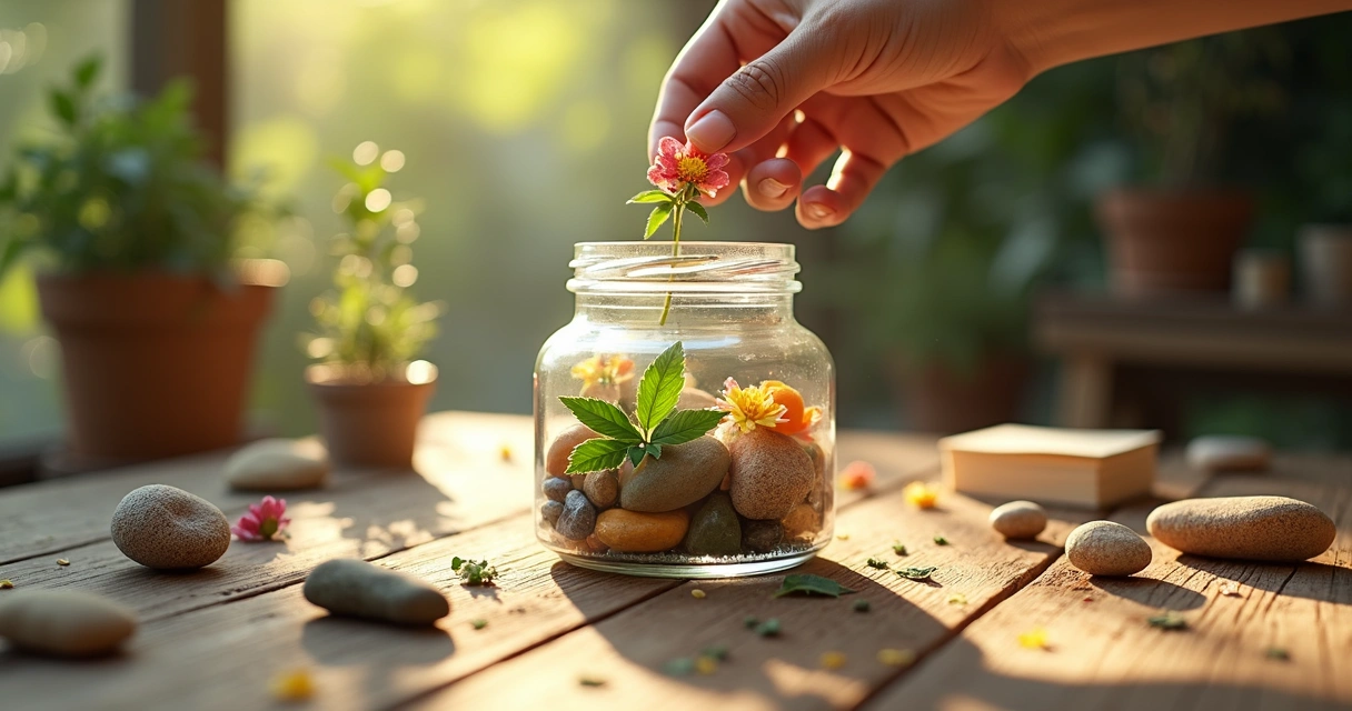 Pote de vidro com elementos naturais variados e bilhetes coloridos 