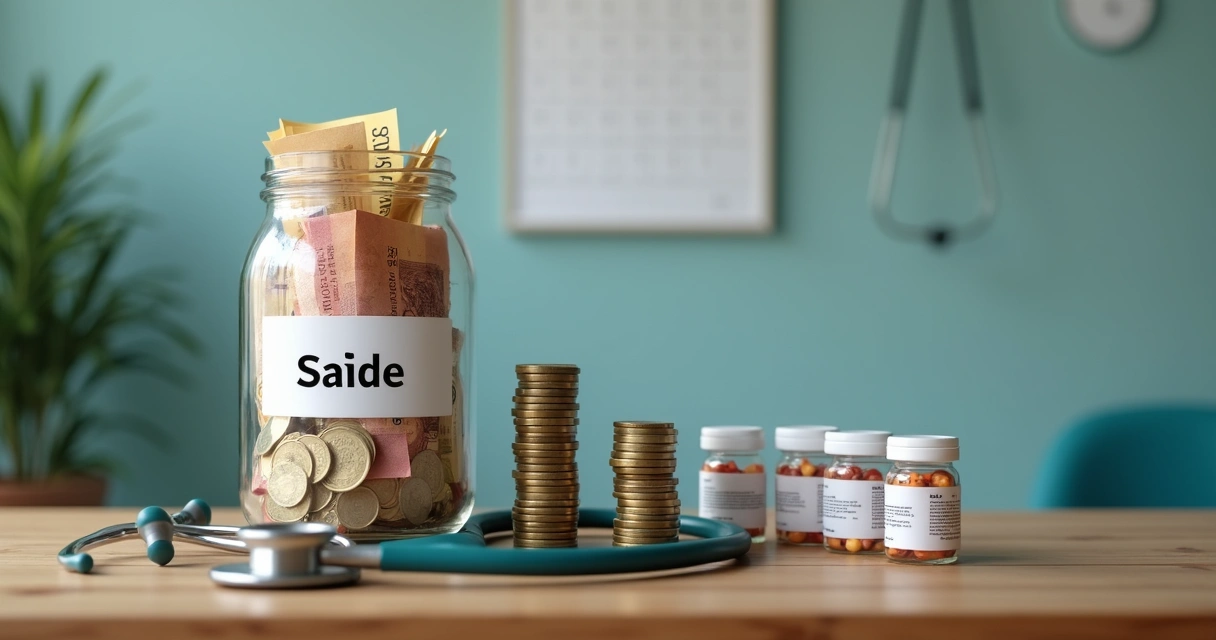 Frasco transparente rotulado Saúde cheio de cédulas ao lado de caixas de medicamentos