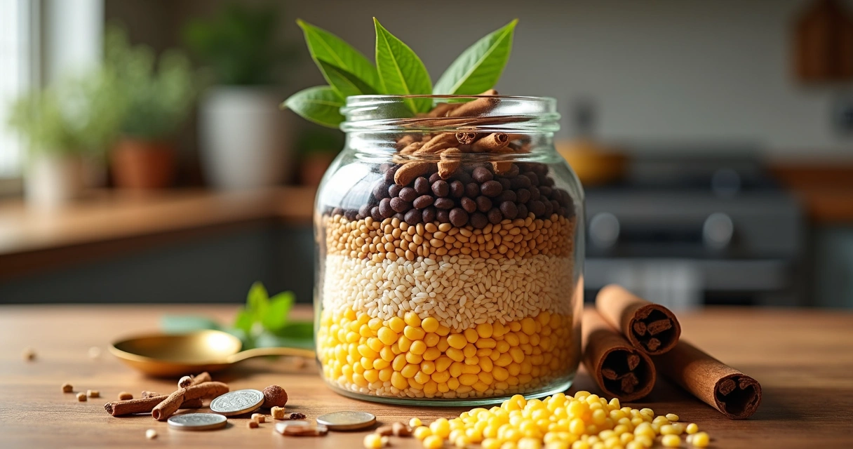Camadas de sementes e moedas em pote de vidro com folhas de louro ao lado 