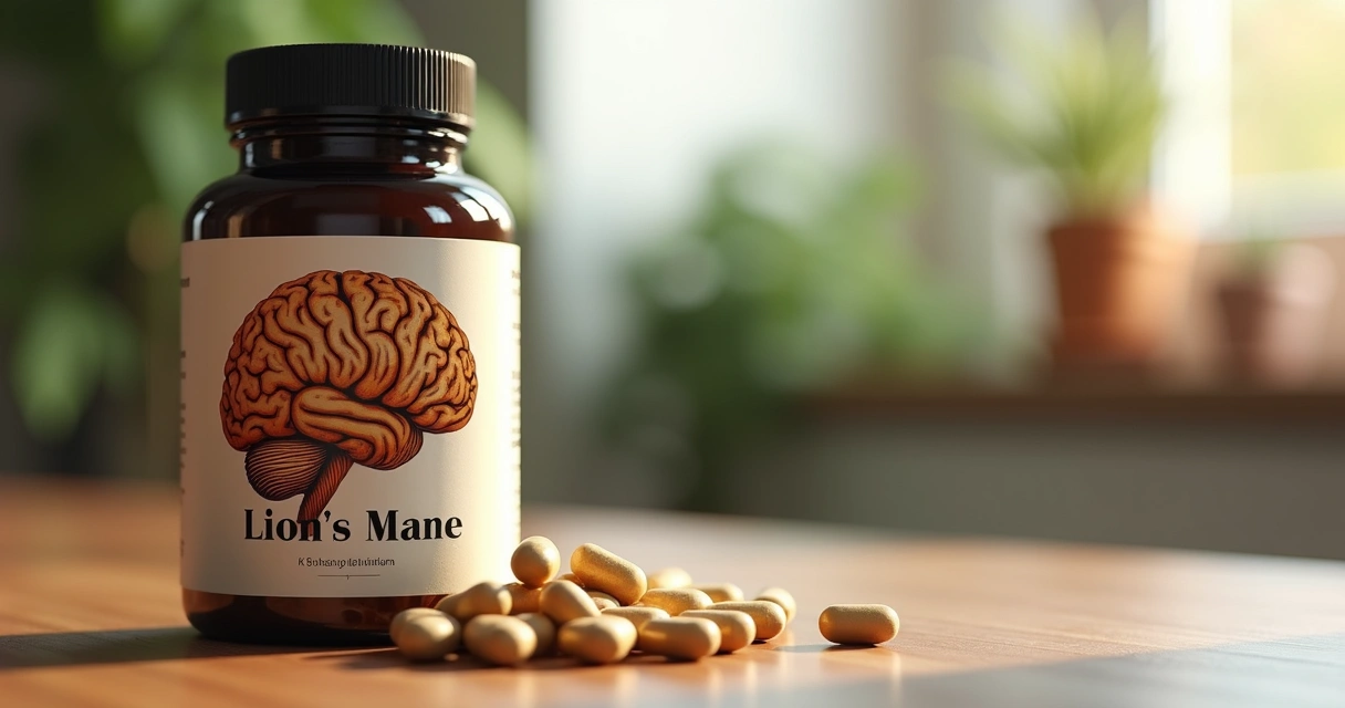 Pote de suplemento Lion’s Mane ao lado de ilustração de cérebro