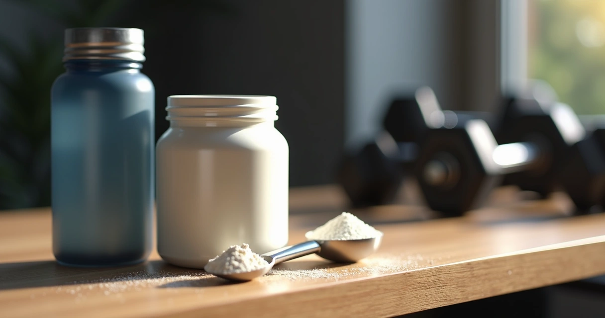 Um pote de suplemento ao lado de uma colher medidora em uma mesa de madeira 
