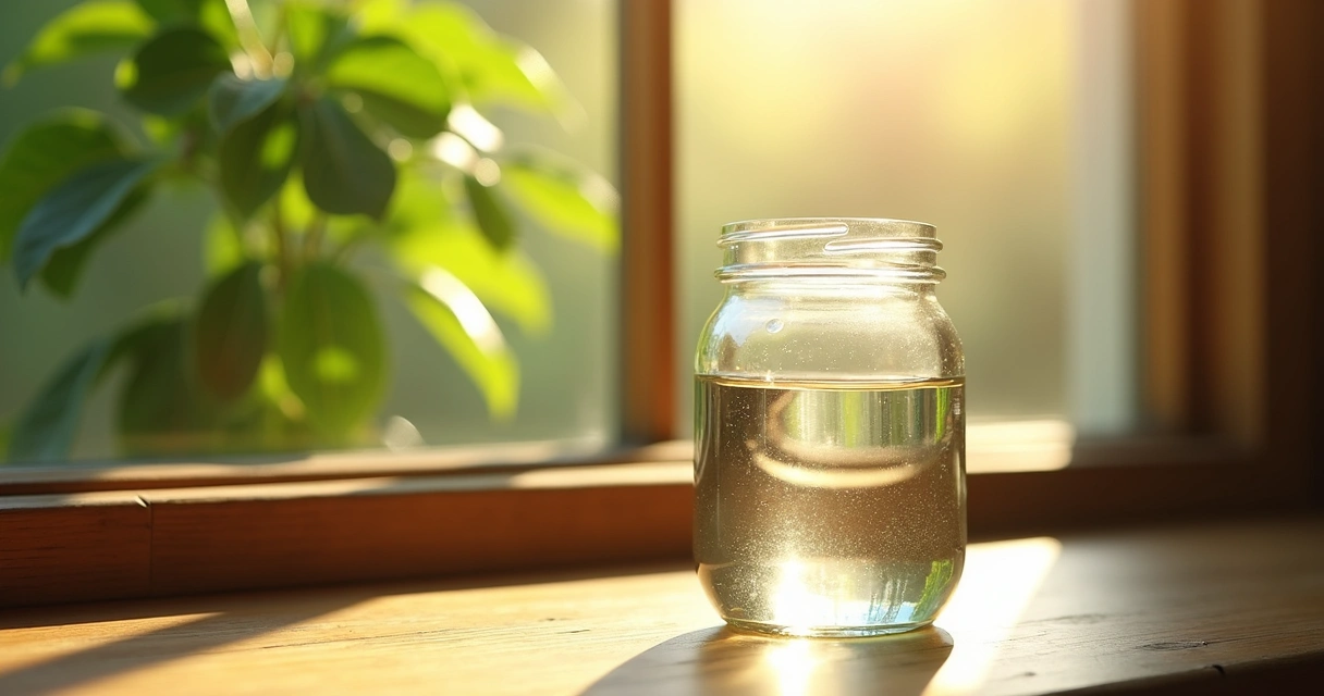 Pote de vidro com água solarizada sob luz do sol na janela 
