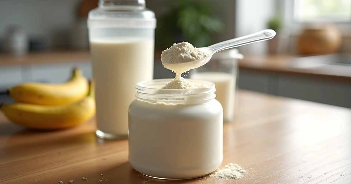 Pote de whey protein aberto com uma colher mostrando o pó branco 