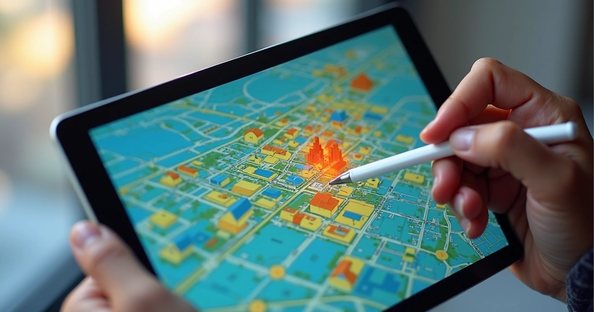 Mapa urbano em tela digital exibindo áreas de lotes com gráficos de valorização patrimonial e simulações de potencial construtivo 