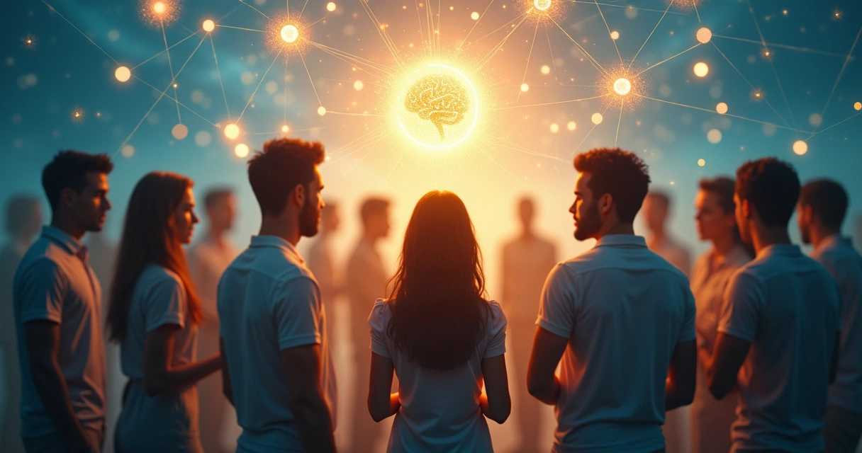 Ilustração de pessoas conectadas por linhas com ícones de emoção, mente e propósito acima 